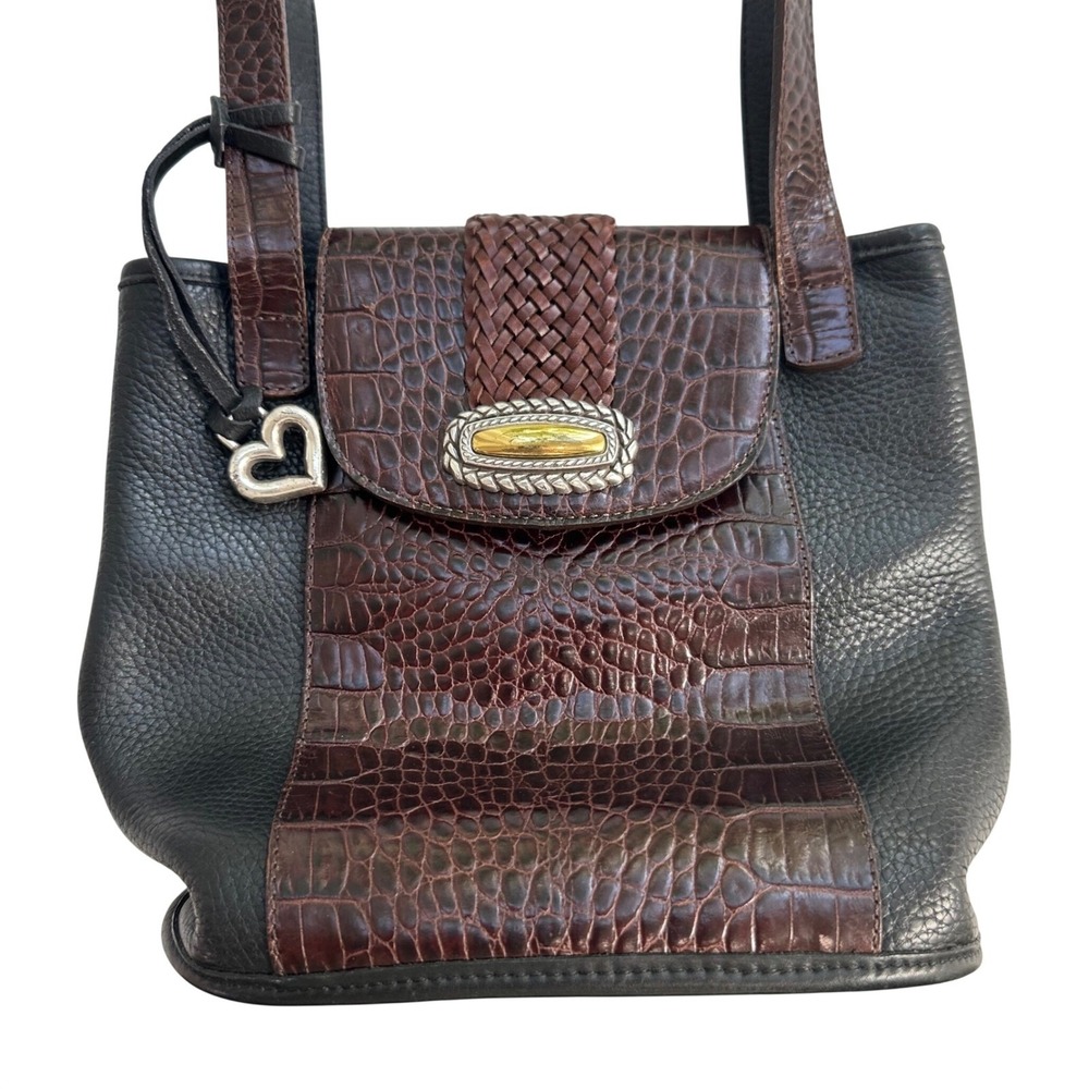 VTG Brighton Bucket Bag Wmns Black Brown Croc Embossed Leather Shoulder Purse